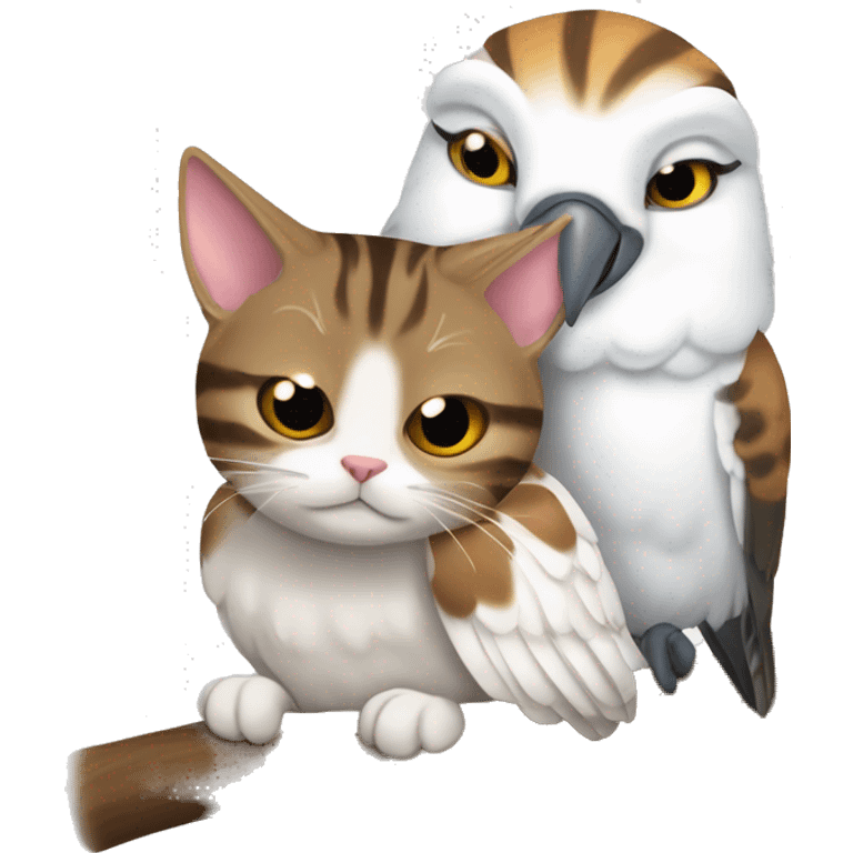 Brown tabby cat and whit cockatoo bird curled up together having a nap. emoji