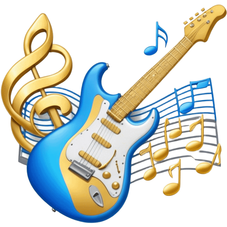 Create an elegant and dynamic emoji that represents music arrangement and orchestration. The design should feature musical notes, a synthesizer, drums, and an electric guitar, symbolizing the diverse instruments used in arranging and orchestrating music. Incorporate flowing lines to represent harmony and rhythm, with a subtle representation of sheet music. Use a combination of vibrant and classic colors like electric blue, gold, and silver, blending the electronic and traditional aspects of arrangement. The background should be transparent. emoji