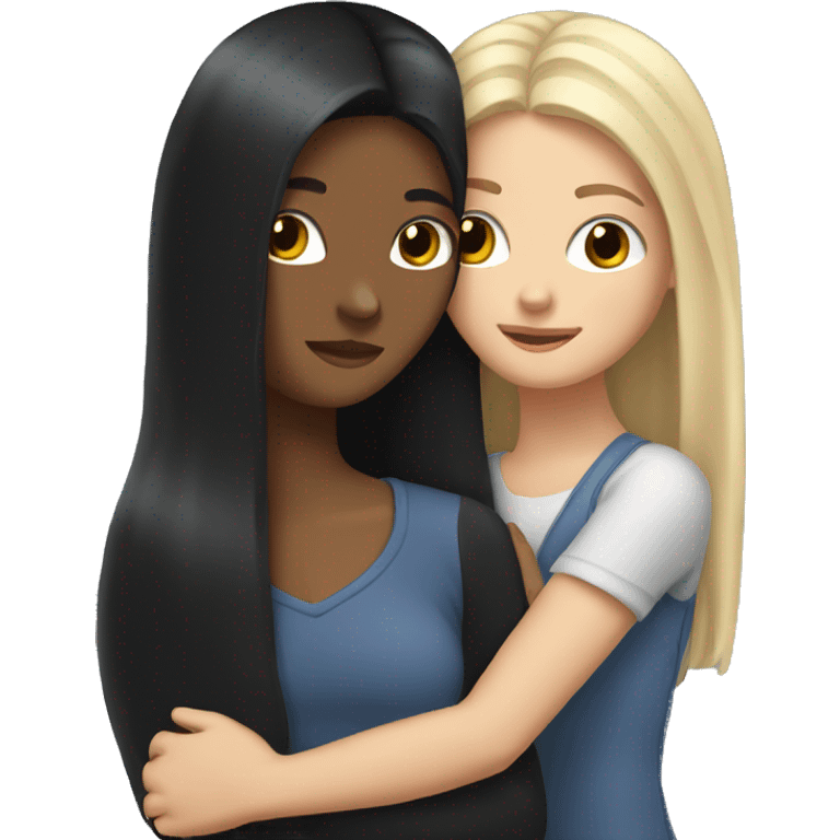 Two white girls with long black hair hugging. emoji