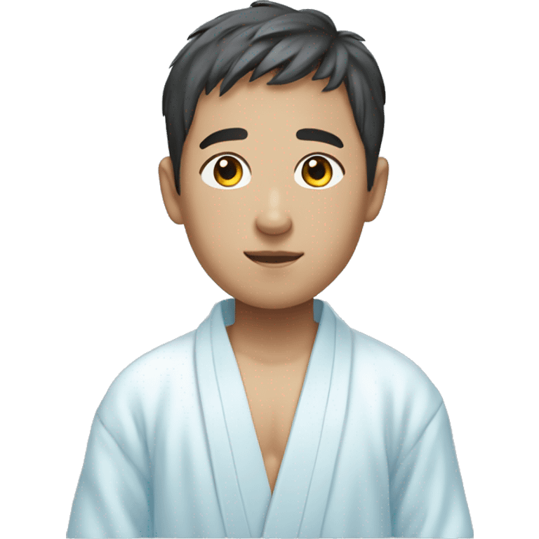 korean boy in white tshirt wearing a unbuttoned light blue bath robe emoji