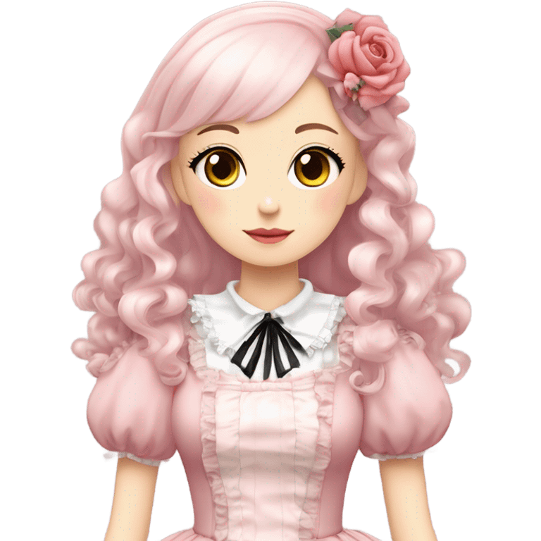 Vestido rosa pastel y white gothic lolita, cuerpo completo, color de piel morena, pelo largo, pelo de color rojo y negro emoji