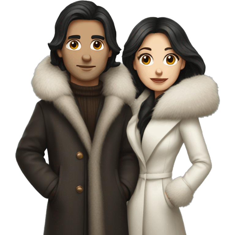 Dark haired White couple in long fur coats emoji