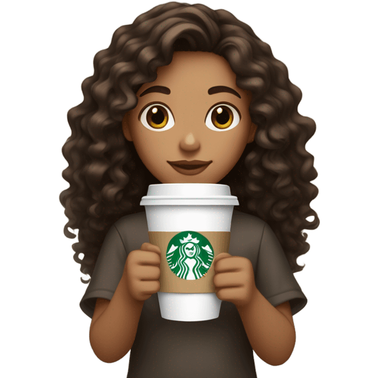 Girl with light tan skin/ dark curly long hair with Starbucks  emoji