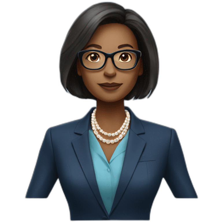 black woman ceo, black glasses, neck length straight hair, blue blazer, pearl necklace emoji