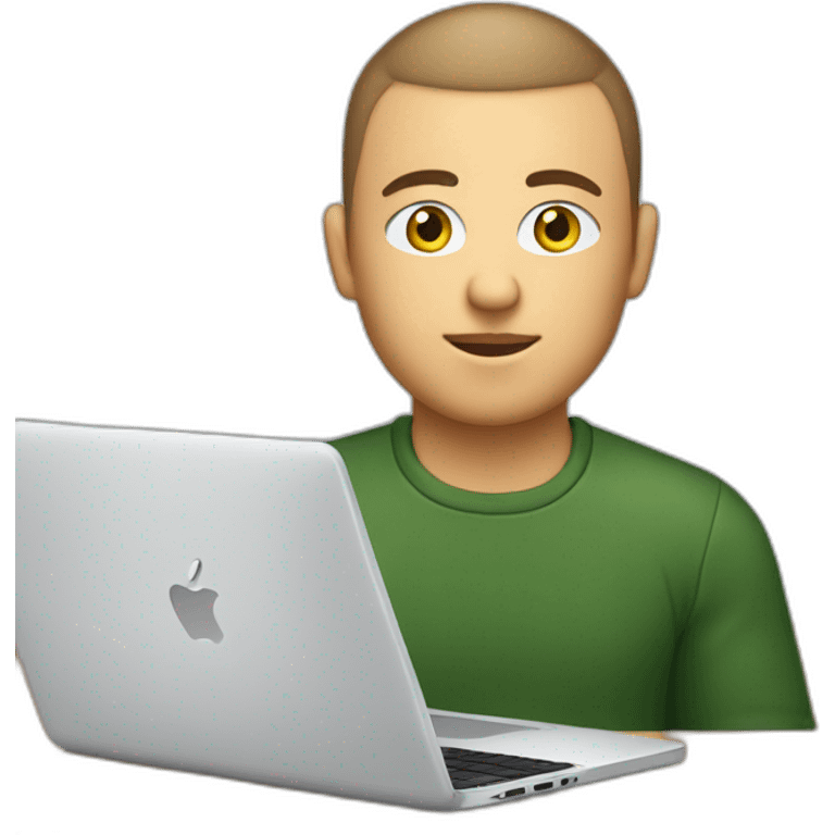 software engineer (white male, brown buzz cut hair, white gold earrings) in front of laptop, apple-style emoji