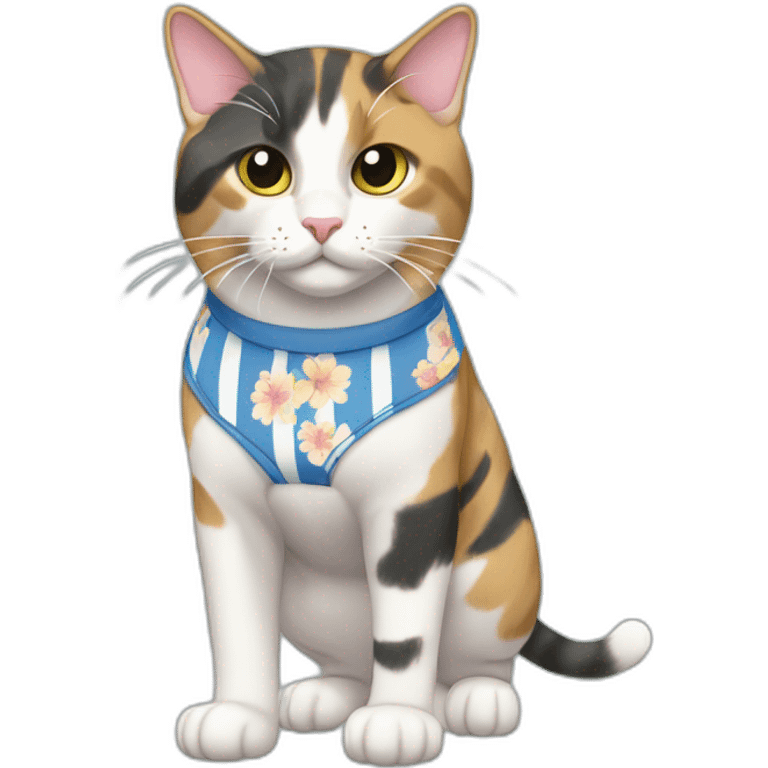 Purradise Meowscles is a buff calico cat  he has a mullet, a floral designed t shirt that is unbuttoned and blue and white stripped shorts emoji