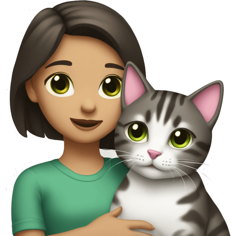 A girl with dark brown hair stands with her back and hugs a gray tabby cat with a pink nose and green eyes. emoji