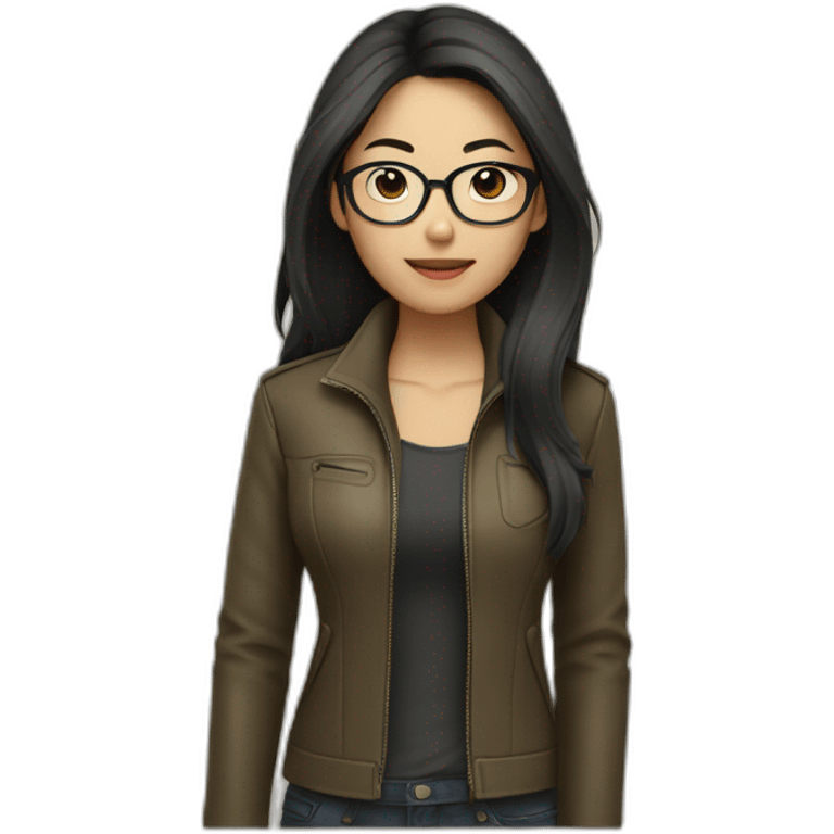 asian girl with glasses and a leather jacket with a  khaki shirt and long dark hair emoji