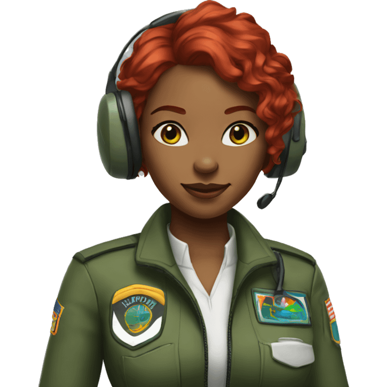 african american woman green eyes air plane pilot with red hair with headset on emoji