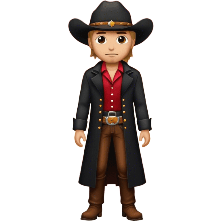 A lone cowboy in a black duster, standing under a crimson sunset emoji