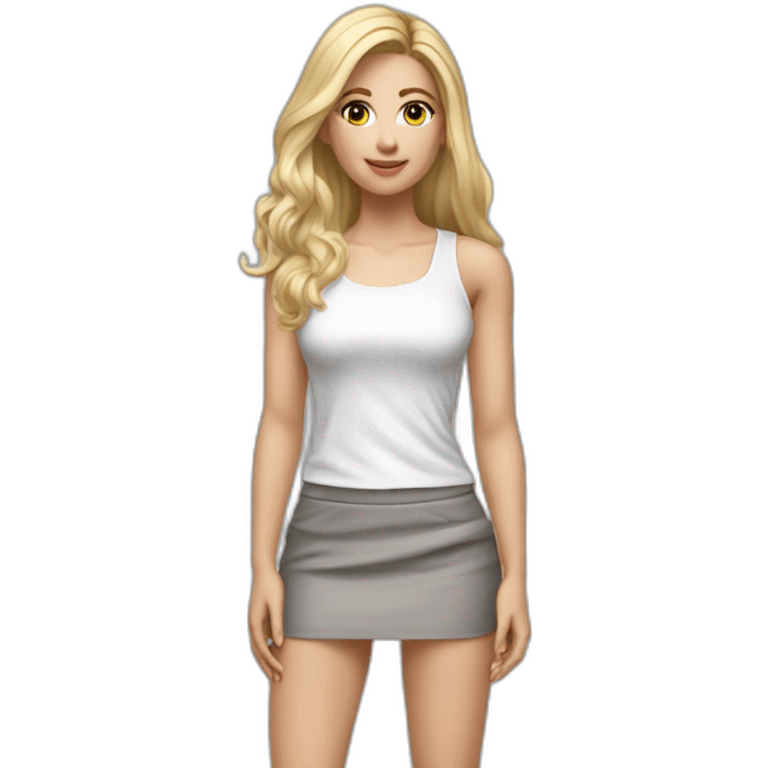 hyperrealist caucasian long blonde hair brown eyes woman white tank top gray tight mini skirt black high heel shoes full body emoji