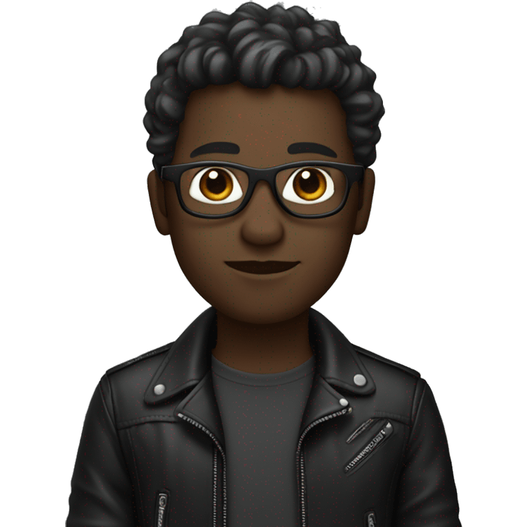 programmer, with dark skin, square glasses, wavy hair, wearing a black leather jacket. emoji