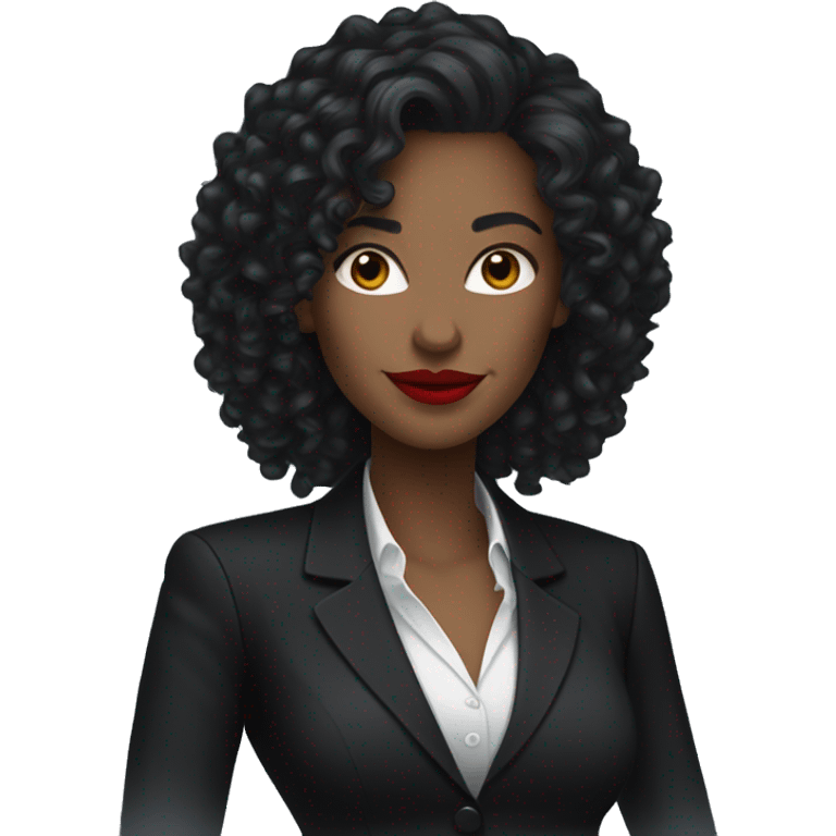 corporate white woman, red lipstick, long black curly hair, with a phone, black shirt, black blazer  emoji