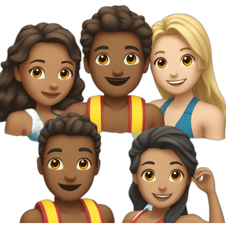 6 coed lifeguards at a swimming pool, ethnically diverse, 3 guys, 3 girls emoji