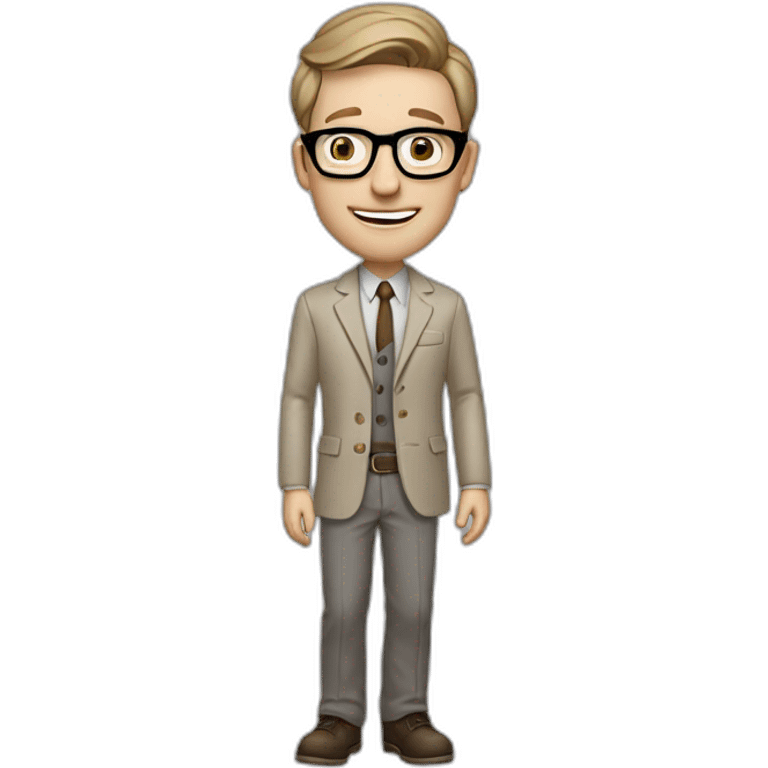 Crickering Pale skinned Fit Man With dark brown hair in gray jacket, beige office shirt, Brown pants and vintage glasses In the joke cap emoji