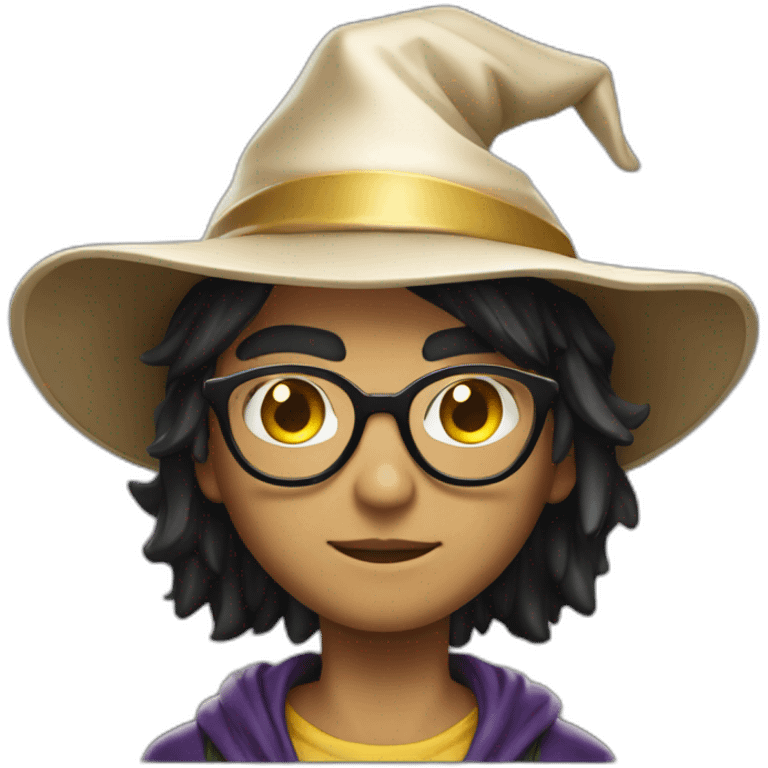 young overpowered magic shiny wizard skin tone 3 with black hair and glasses with hat frontview emoji