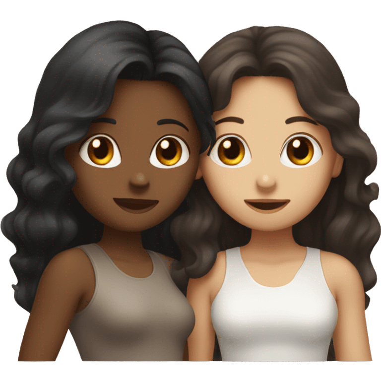 Two girls kissing. One is white with long black straight hair. One is white with short brown curly hair.  emoji