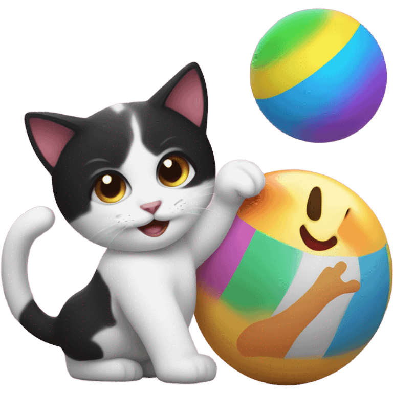 A baby is playing with a black and white cat with a ball emoji