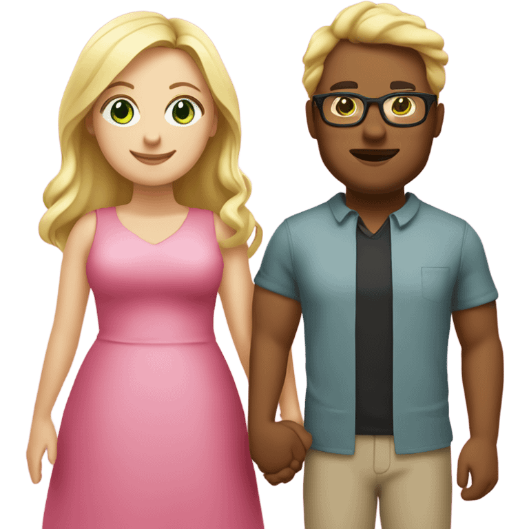 Curvy woman with long blonde hair and green eyes wearing a pink dress and holding hands with a brown man with short black hair and glasses emoji