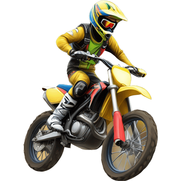 "Create a detailed emoji-style illustration of a motocross bike doing a wheelie with a rider on top. The rider should wear a helmet and protective gear, with vibrant and dynamic colors. emoji