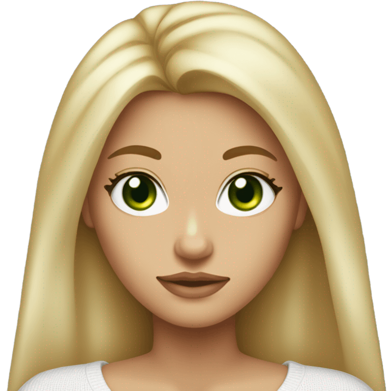 blonde girl with green eyes, smooth skin, white sweater, long blow out hair, baddie, middle part emoji