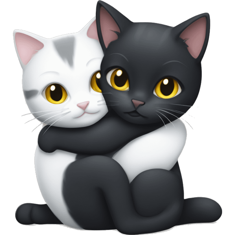 A black cat and a gray-white kitten hug emoji