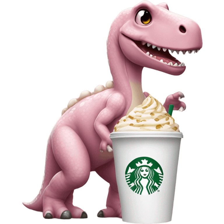 Light pink happy dinosaur with a drink from Starbucks and in white chocolate  emoji