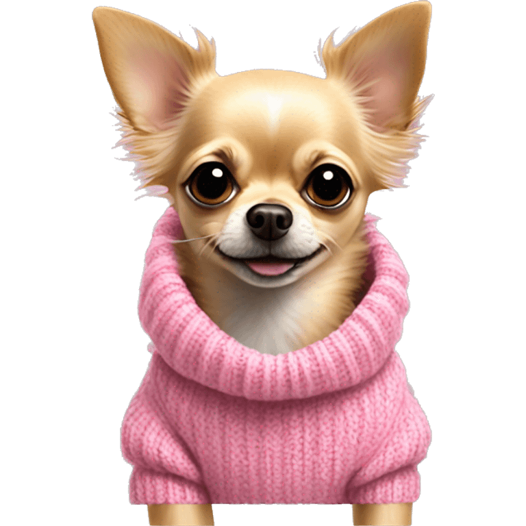 little scruffy coarse haired blonde chihuahua in a huge pink sweater emoji