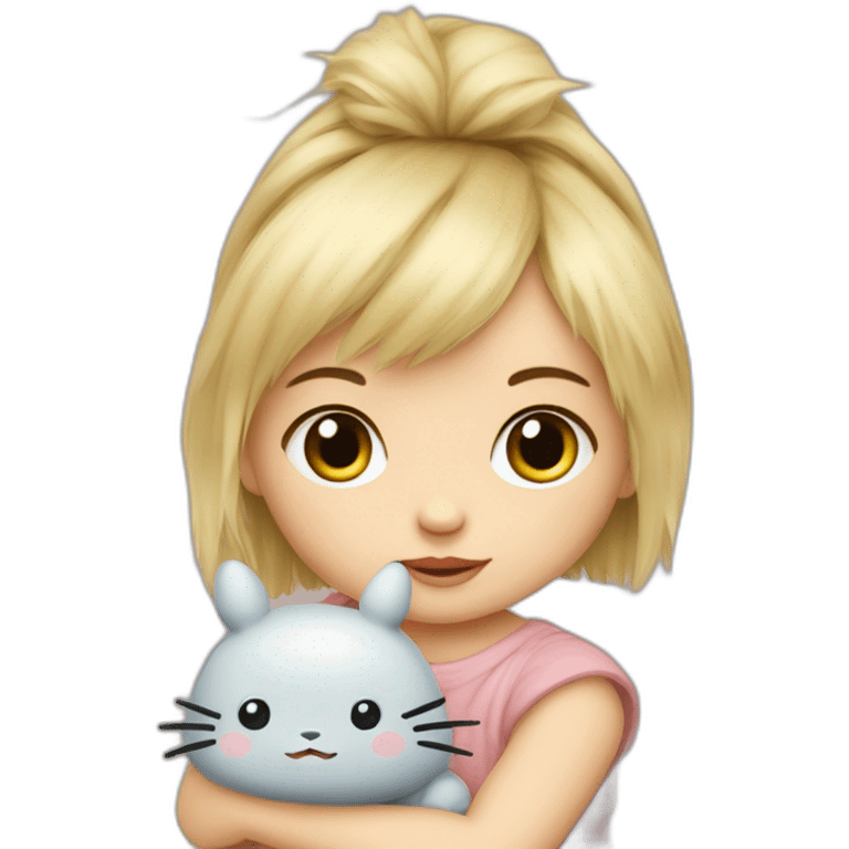 bébé fille blonde décoiffée avec une peluche Totoro  emoji