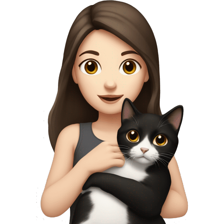 White girl with dark brown hair and brown eyes holding a black and white cat emoji