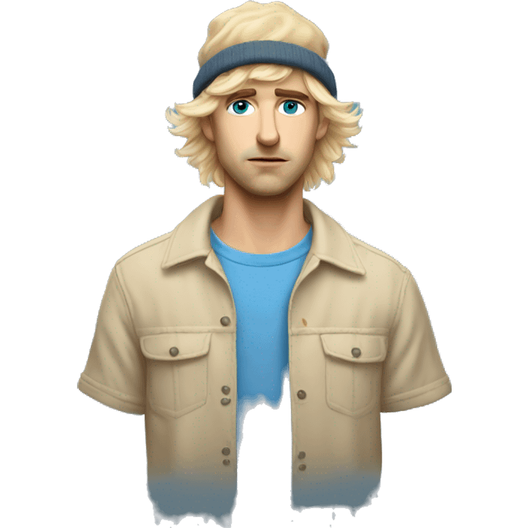 male portrait in fur hat blue eyes blonde hair and sad more realistic with an argentinian tshirt emoji