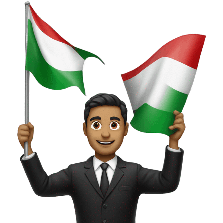 A realistic man in a black suit waves an Italian flag over his head emoji