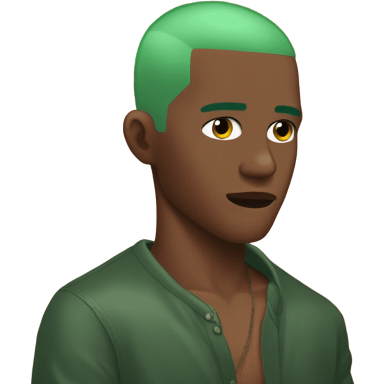 frank ocean, no shirt, green hair buzz cut, hand covering face emoji