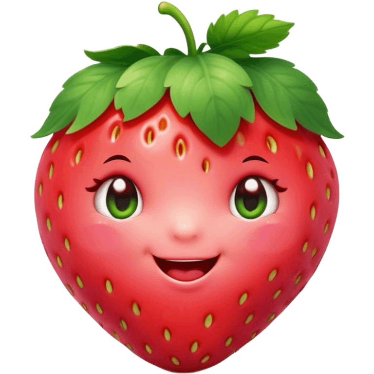 Cinematic plump happy strawberry, glossy bright red, tiny round eyes and blushing cheeks, green leafy top slightly tilted, cheerful and charming. emoji