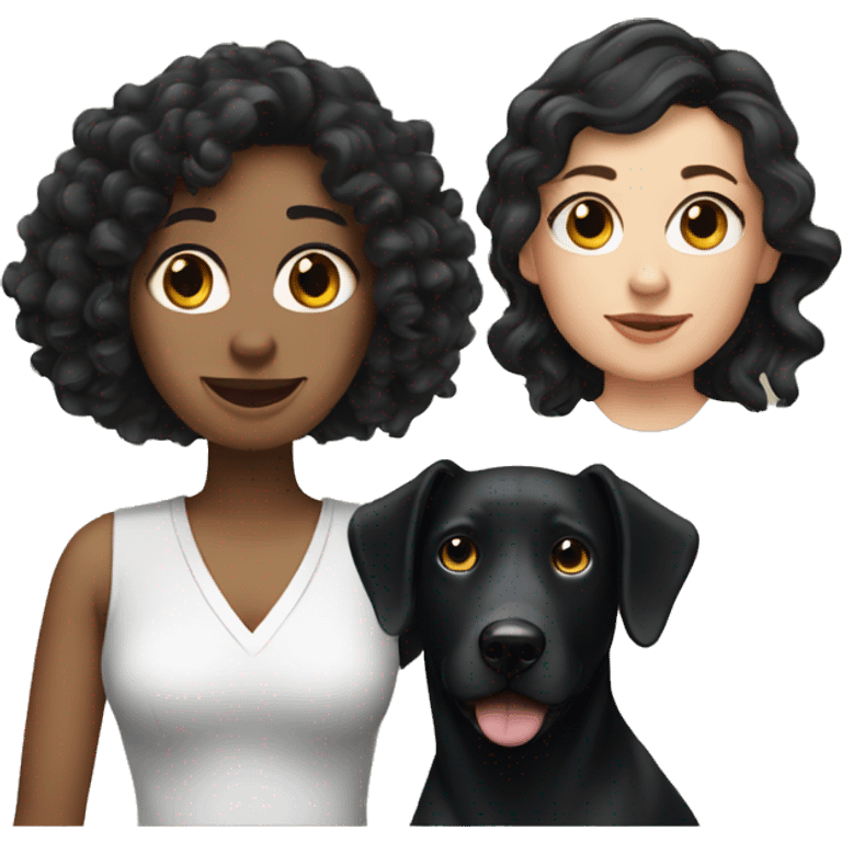 white Woman with black curly hair and a big black dog with small brown markings emoji