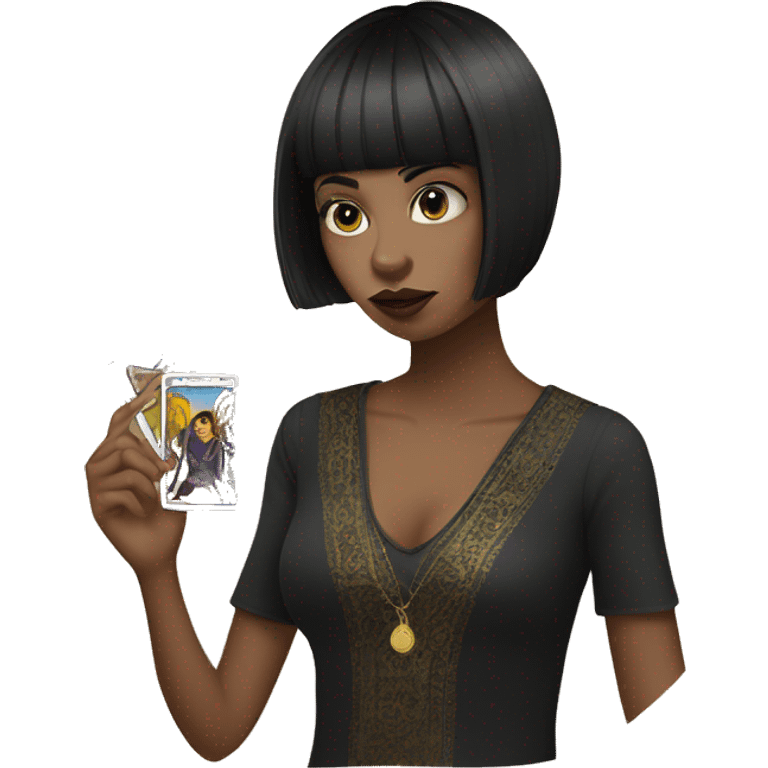 A girl with short black hair, with a tarot card in her hand and a cigarette in her mouth emoji