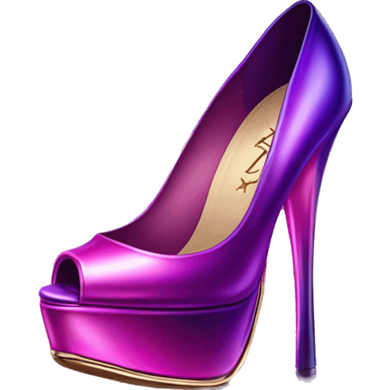 Realistic isolated pair of metallic magenta to purple ombre Louis Vuitton high heel stiletto shoes. emoji