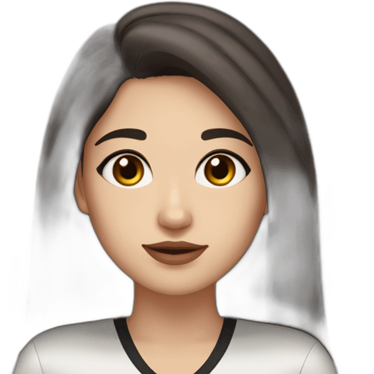 White women with long dark brown hair and long eyelashes dark brown eyes and thick dark brown eyebrows with the black dog with a white stripe on the neck and ears raised up emoji