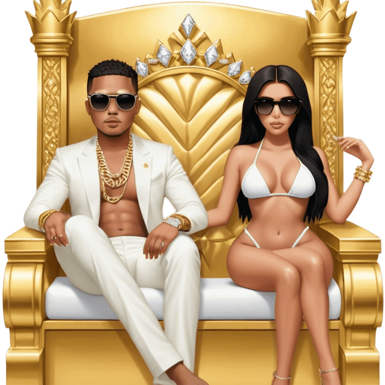 Josh King Madrid, designer fit, diamond chain, seated on a massive gold throne, sunglasses on, 2x Kim Kardashian instagram bikinis model beside him. emoji