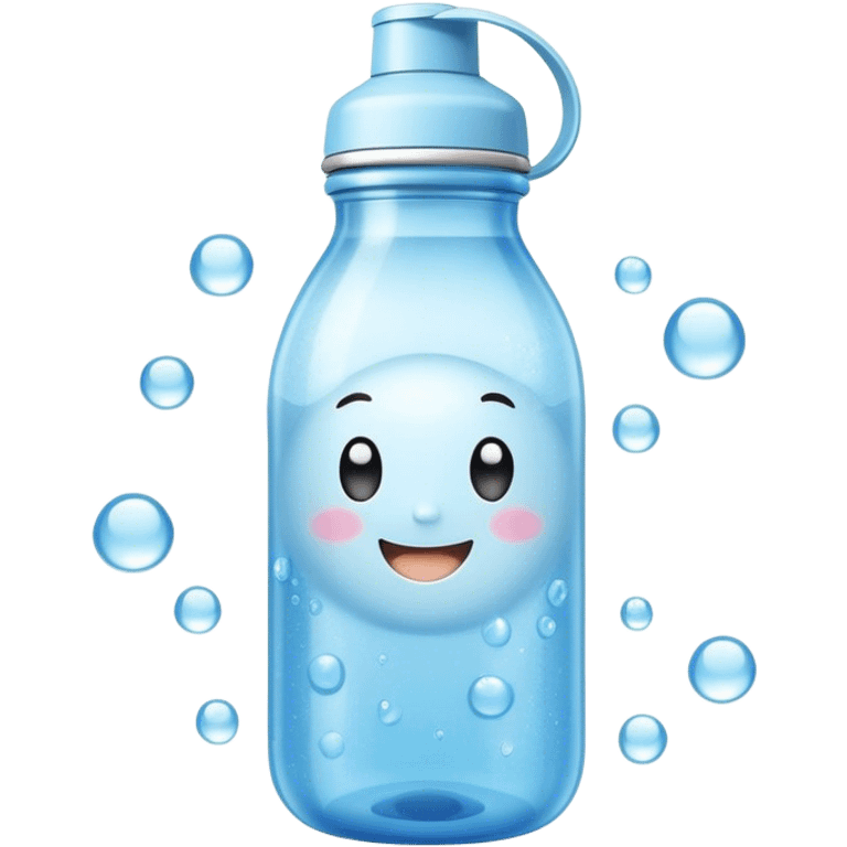 Cute Kawaii Water Bottle, round and bubbly, soft blue with tiny water droplets around, a happy smiling face, gentle glowing highlights, fresh and refreshing vibes! emoji