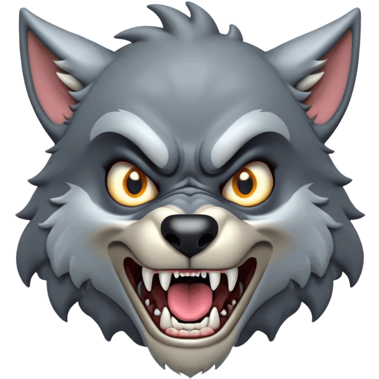 Cinematic Comical Werewolf Portrait Emoji, with a whimsically exaggerated lupine face in vivid moonlit grays and silvers, head cocked in a dramatically shocked expression with comically oversized, wide eyes and a playful snarl, simplified yet hilariously expressive, highly detailed with a soft cartoonish glowing outline capturing the mischievous humor of a werewolf mid-transformation! emoji