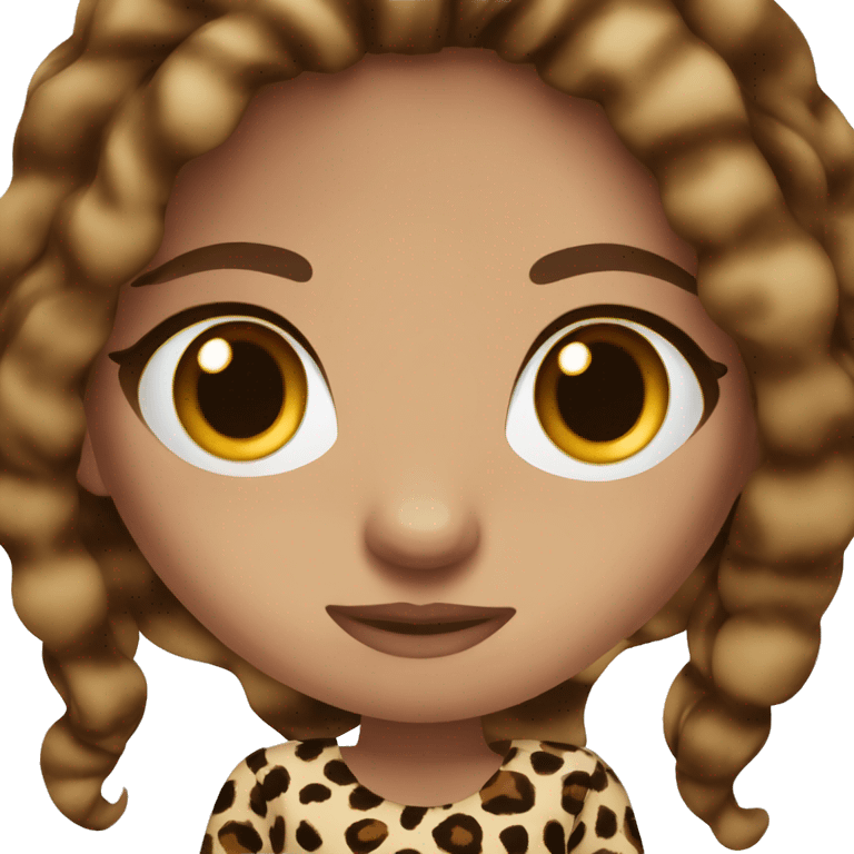 Women blue eyes long brown hair wearing a leopard print top emoji