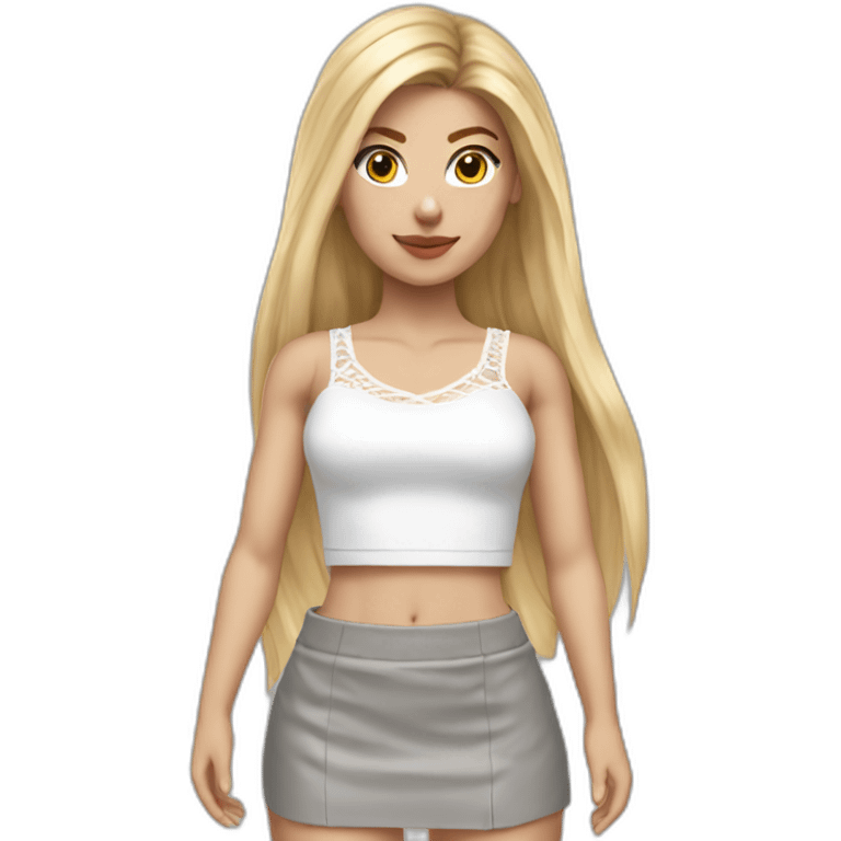 hyperrealistic caucasian female, long straight blonde hair, white lace up crop top, grey mini skirt, body view emoji