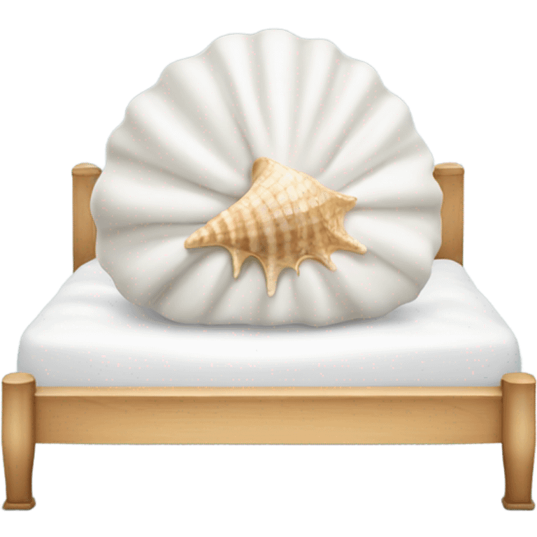 Bed with light wood frame and white blankets and a sea shell pillow  emoji