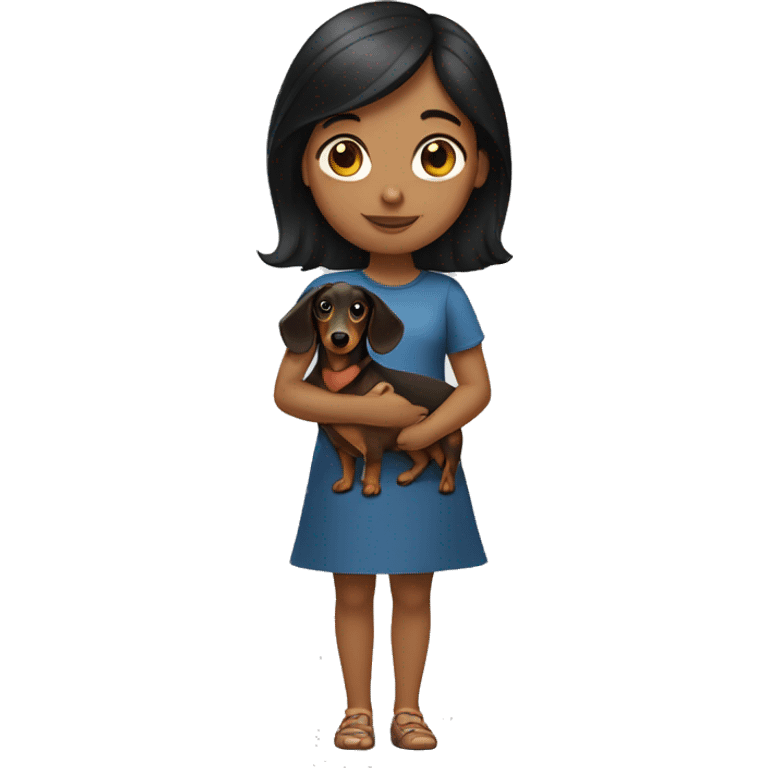 a girl with dark hair and a dachshund in her hands emoji