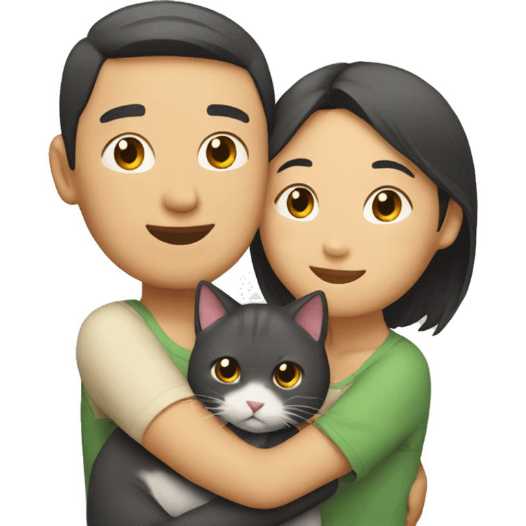 Asian Couple hugging each other with a cat emoji