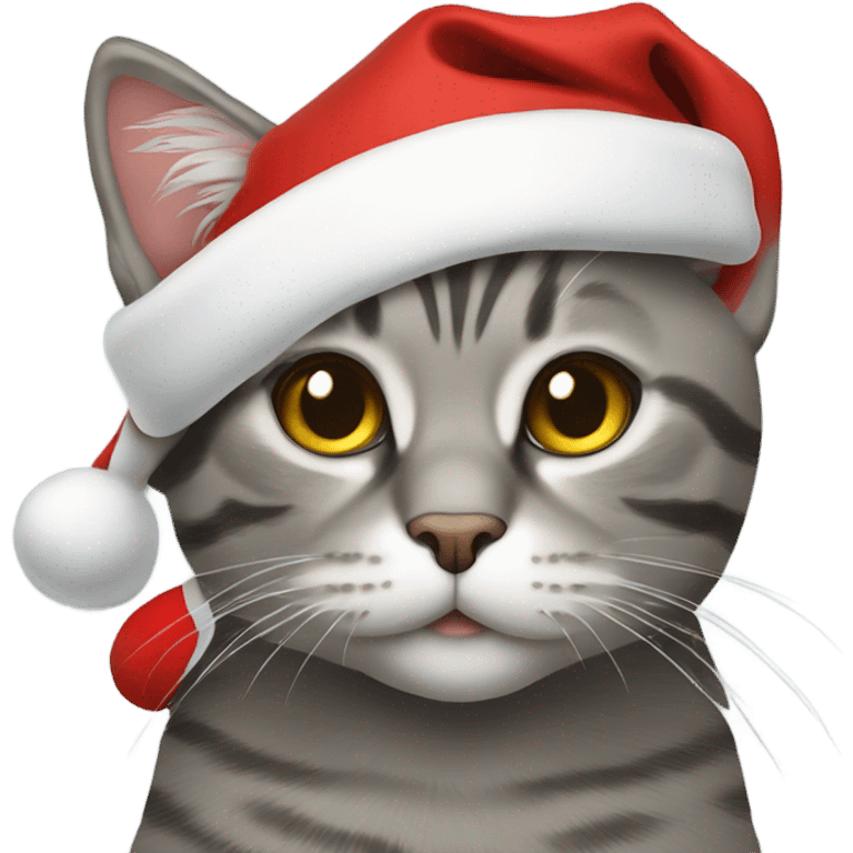 Grey tabby cat wearing a Santa hat emoji