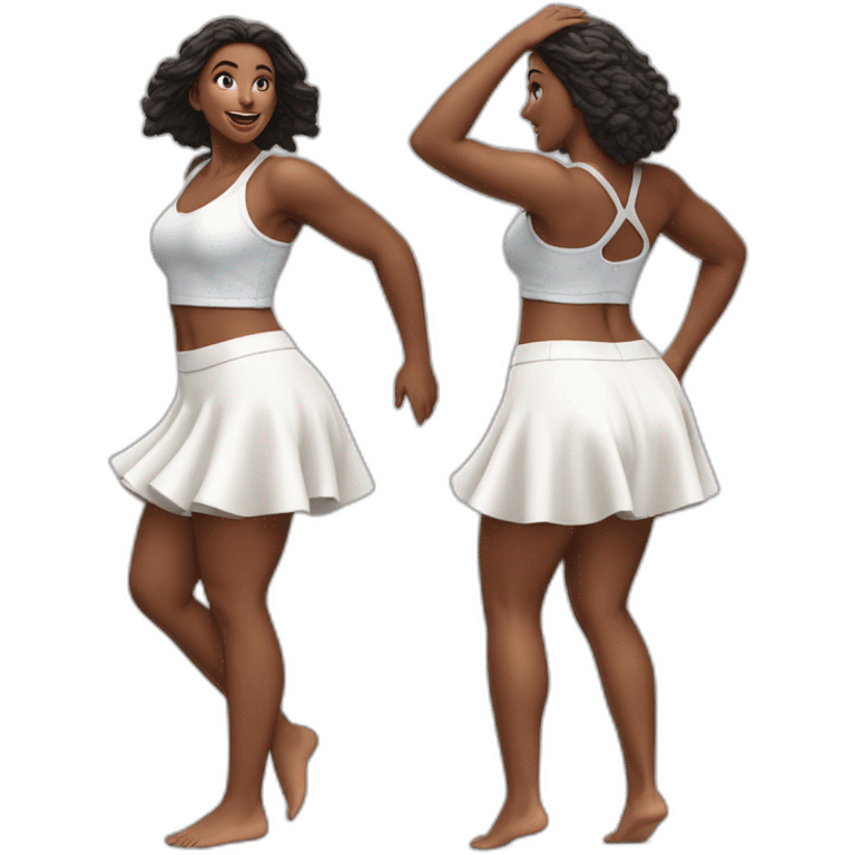 Hyperrealistic Full body Caucasian curvy beauty jumping short white skirt back and front views strong wind knickers emoji