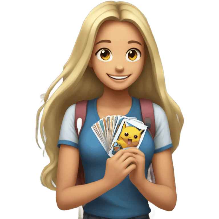 smiling girl holding Pokémon cards  emoji