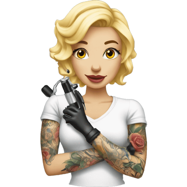 blonde tattoo artist with tattoo holding tattoo machine emoji